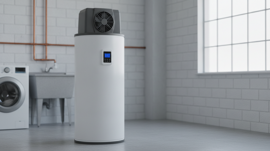 Illustrative heat-pump storage water heater in a utility room; not an exact Rinnai product photo.