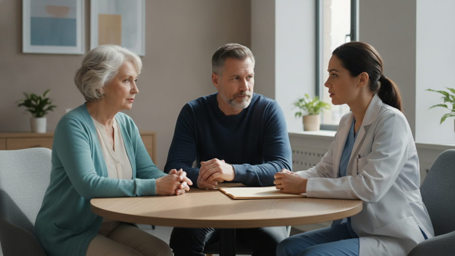 Illustrative image of an older adult and family member discussing care decisions with a clinician