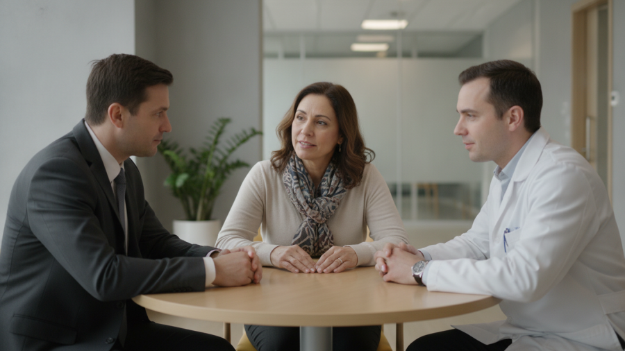Concept illustration of a hospital administrator and physician listening to a patient representative