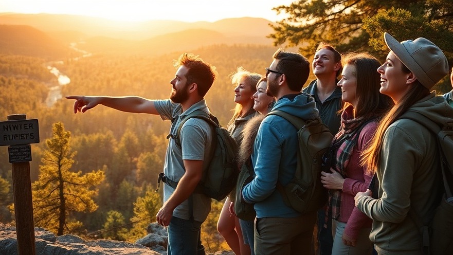 Diverse hikers at scenic overlook, admiring an old river marker, an ecological treasure.