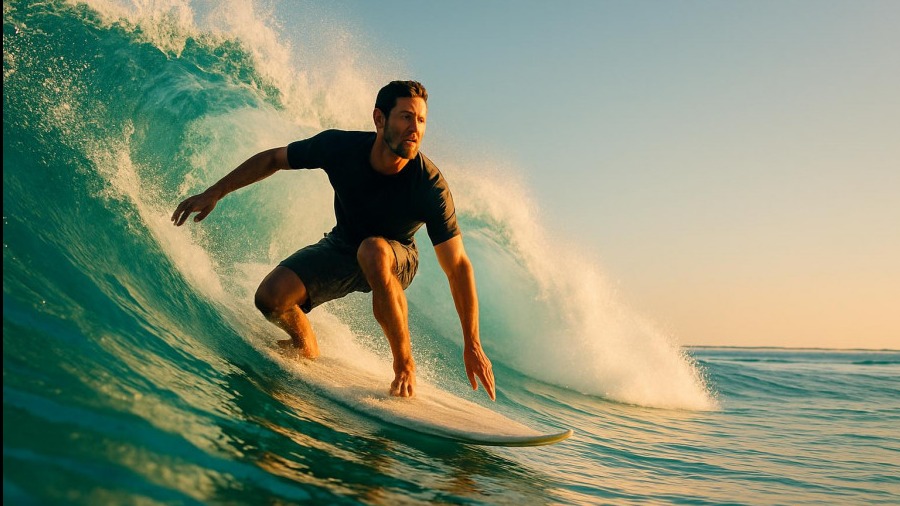 Dynamic male surfer cutting through a turquoise wave, showcasing local surfers Costa Rica and surfing techniques.