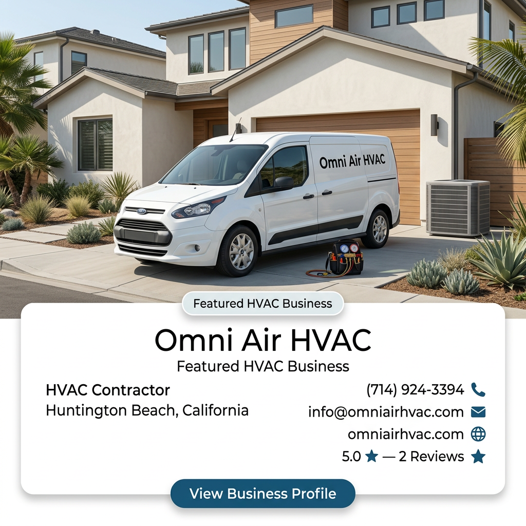 HVAC technician servicing AC unit in Huntington Beach with Local HVAC Expert Services van