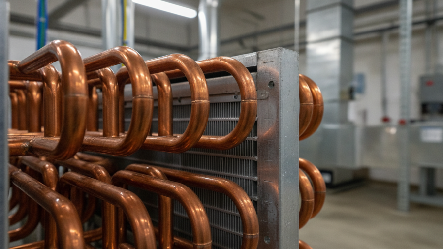 Close-up of industrial HVAC coil showcasing copper pipes for homeowners' energy efficiency.
