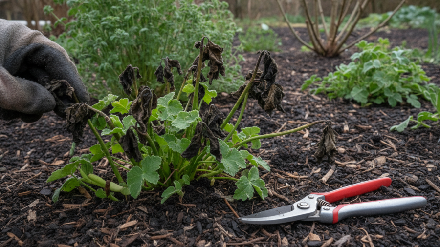 Damaged plant stems beside healthy green shoots and pruning shears.