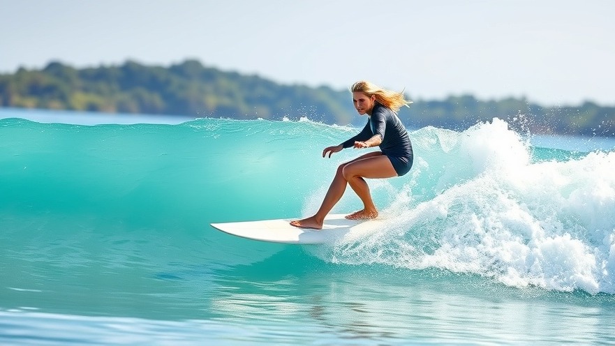 Blonde female surfer riding a turquoise wave at Eazy Street in Guanacaste, Costa Rica