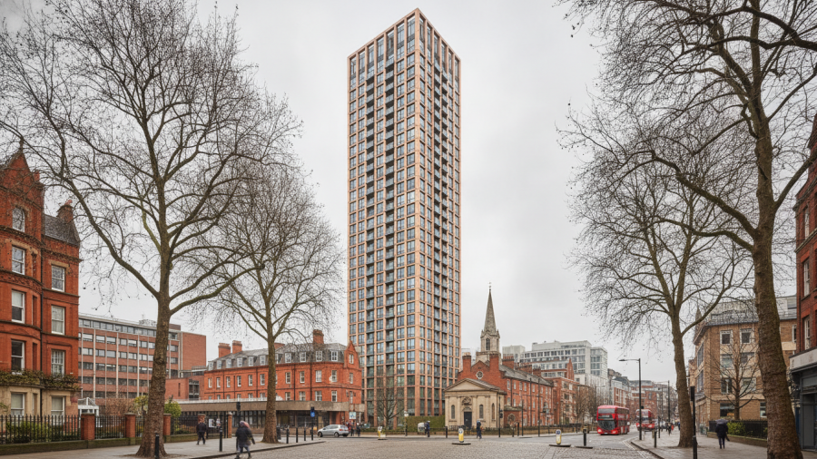 Illustrative high-rise residential tower in a British city; not the proposed Scape development.