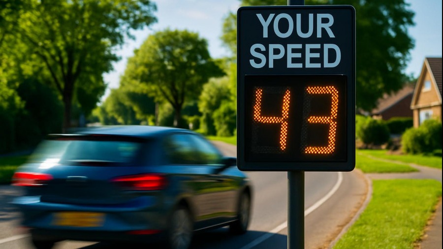 Digital speed sign shows 'Your Speed' 43 mph, highlighting traffic safety funding and community engagement.