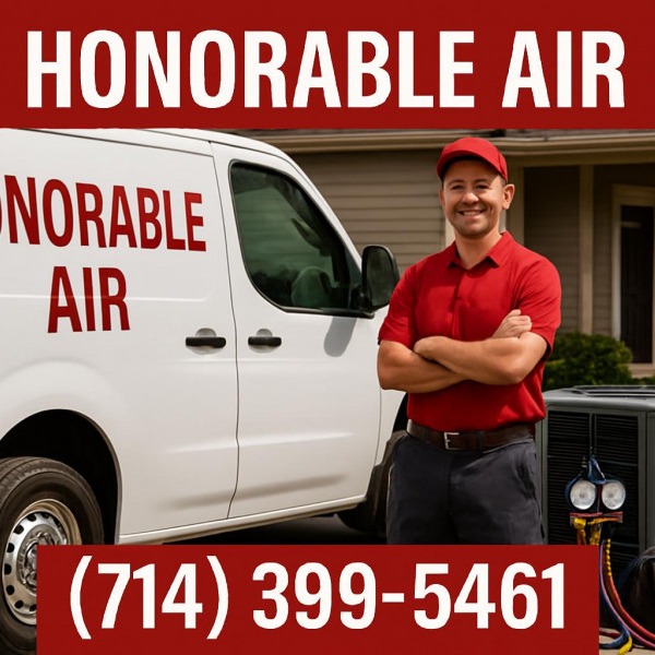 Promotional HVAC tile featuring 'Honorable Air' and a technician by a service van.