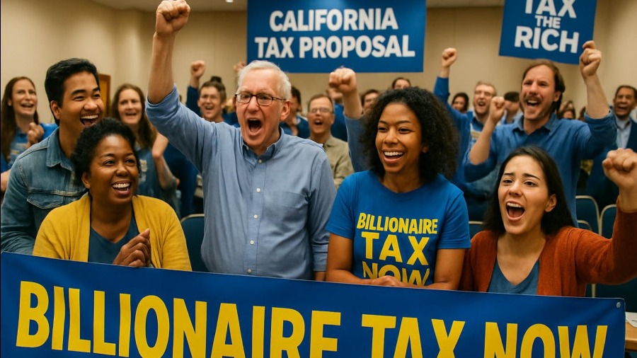 Diverse group at California tax proposal event with 'Billionaire Tax NOW' banner.
