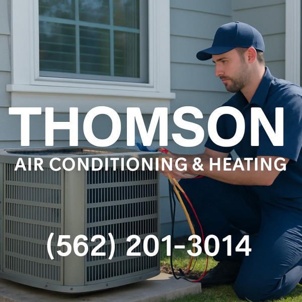 Thomson Air Conditioning & Heating technician servicing HVAC outdoors next to a suburban home.