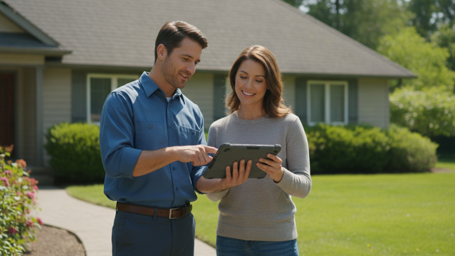 Illustration of a roofing contractor and homeowner reviewing a tablet outside a house