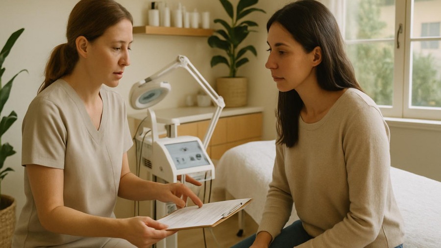 Skincare professional consulting with a client in a Costa Mesa treatment studio