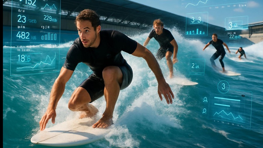 Surfers using Endless Surf technology in a vibrant wave pool, showcasing Flowstate surfing advantages.