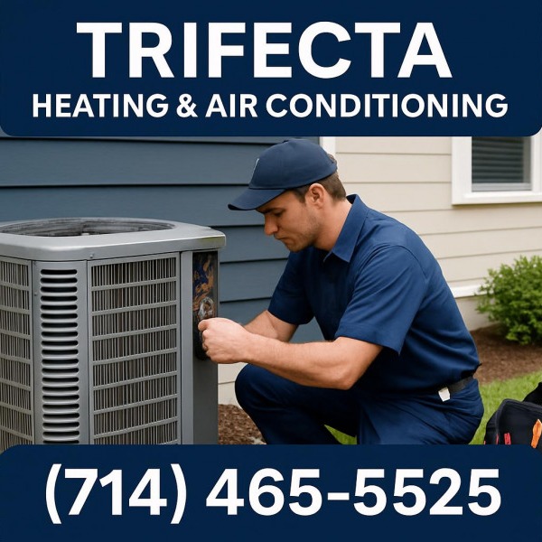 Trifecta Heating & Air Conditioning HVAC technician working on AC unit