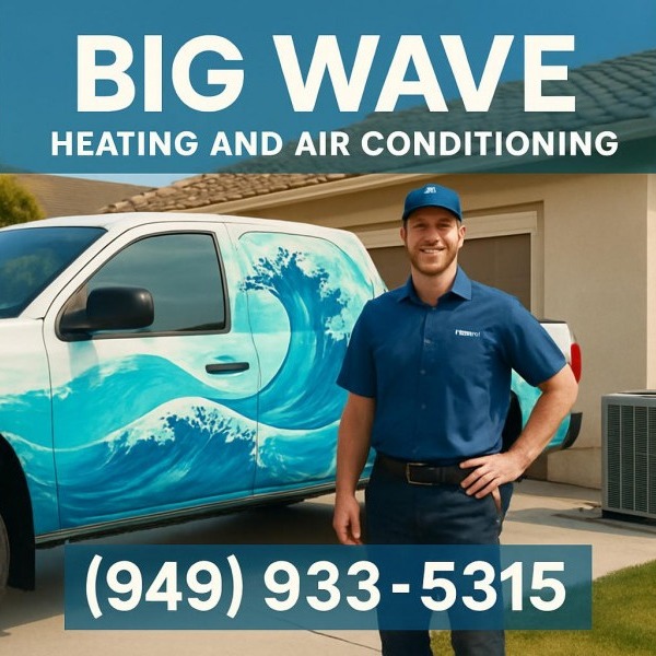Residential HVAC service by Big Wave Heating and Air Conditioning with a technician and truck.
