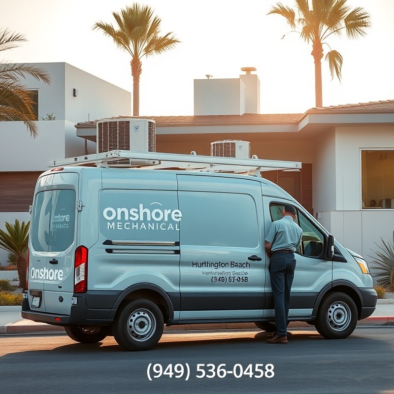 Onshore Mechanical HVAC technician by modern Huntington Beach home, coastal vibe.