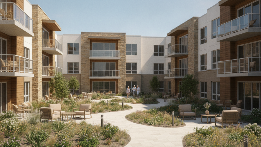 Illustrative senior living community with modern residences and an accessible landscaped courtyard
