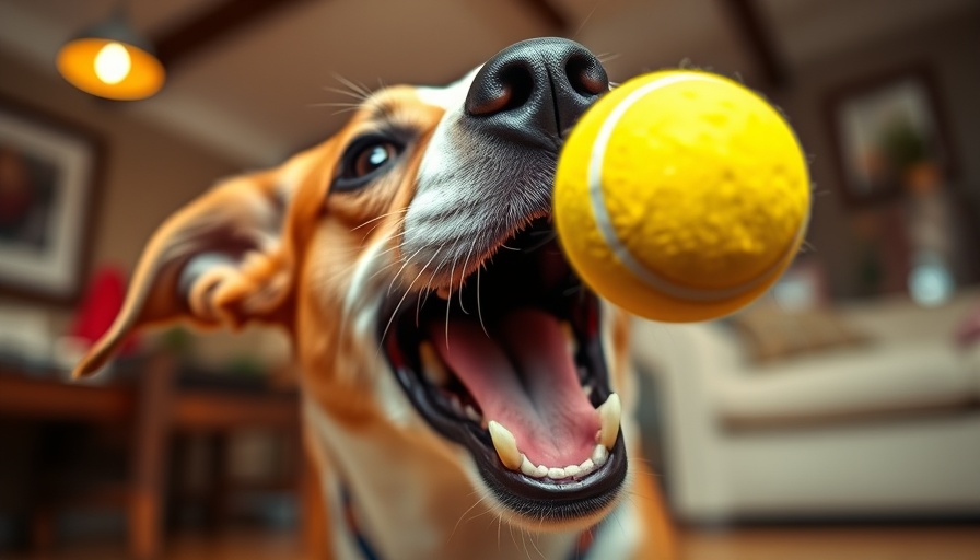 Dog catching tennis ball, dynamic action, vibrant colors.