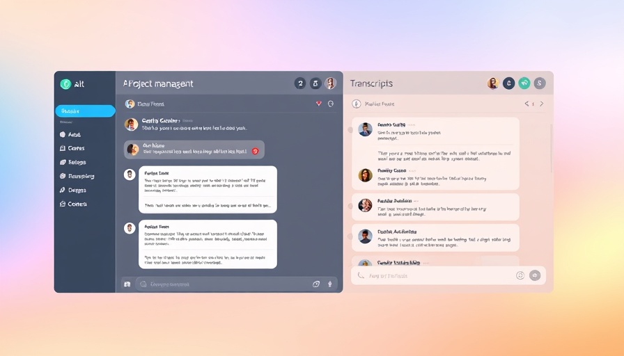 AI Project Management Tool interface with chat and transcript features.