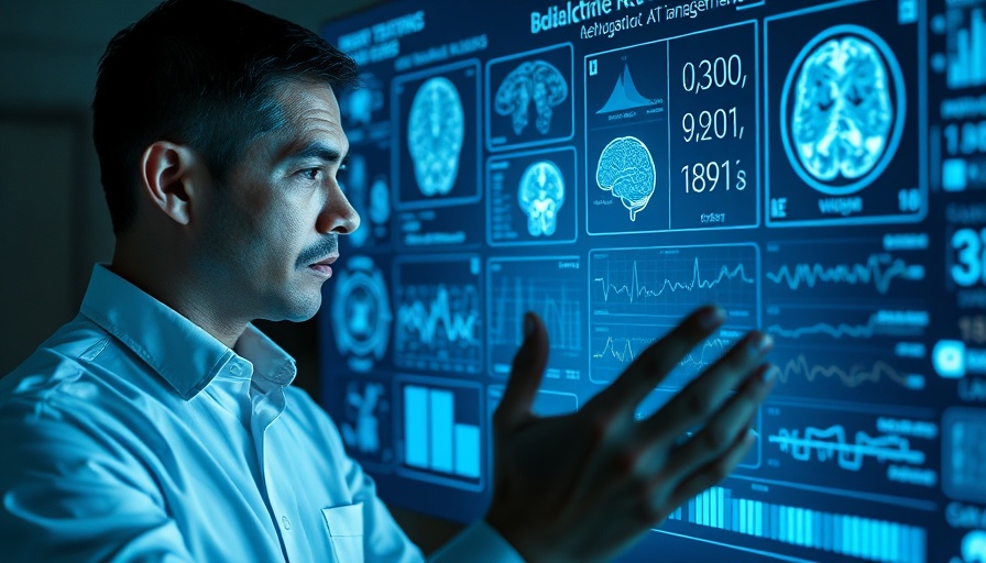 Man analyzing futuristic healthcare data management interface in dim setting.