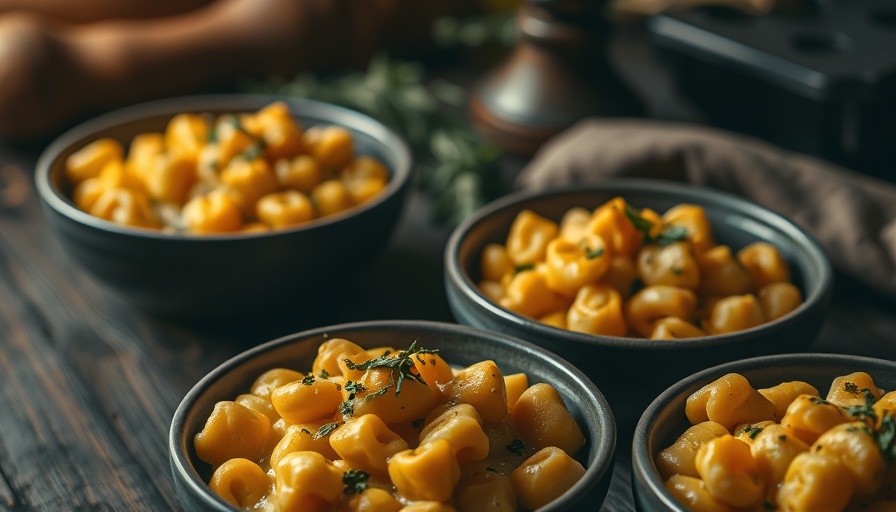 Creamy Butternut Squash Mac & Cheese garnished with herbs.