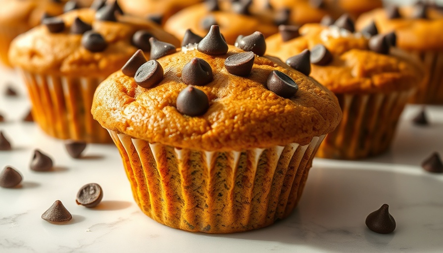 Pumpkin Protein Muffins with chocolate chips on a marble surface.