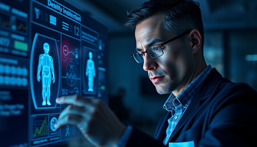 Professional analyzing digital health data on a holographic screen in dim light.