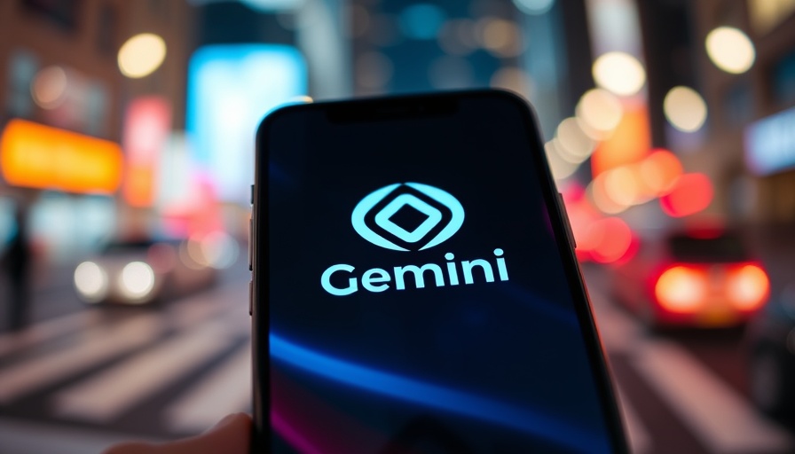 Smartphone showing Gemini logo with colorful blurred lights.