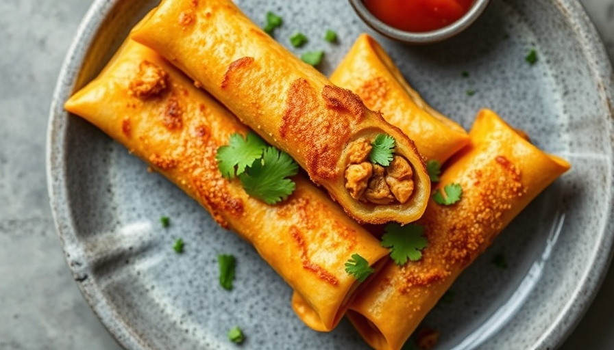 Crispy chicken taquitos with cilantro and salsa on a gray plate.