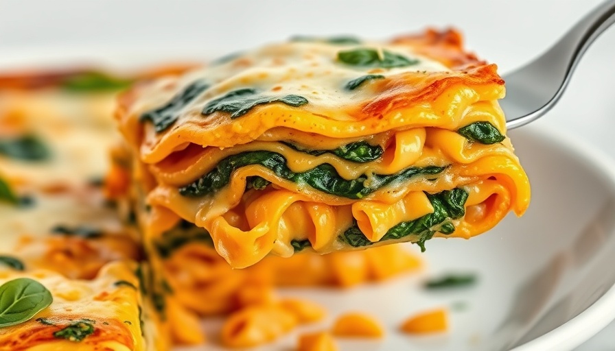 Slice of vegetarian pumpkin spinach lasagna with melted cheese.