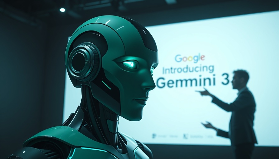 Google Gemini 3 and humanoid robot on screen in dark room, AI insight.
