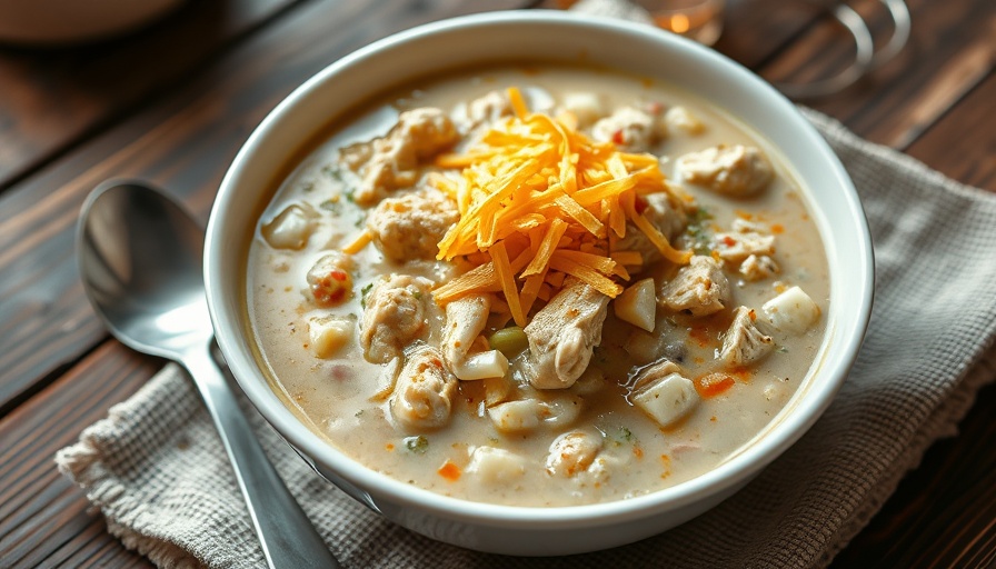 Amy's Amazing White Chicken Chili in a bowl with cheese.