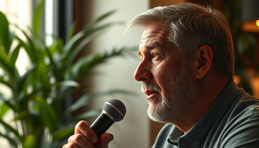 Middle-aged man discussing work-life integration in a lively setting.