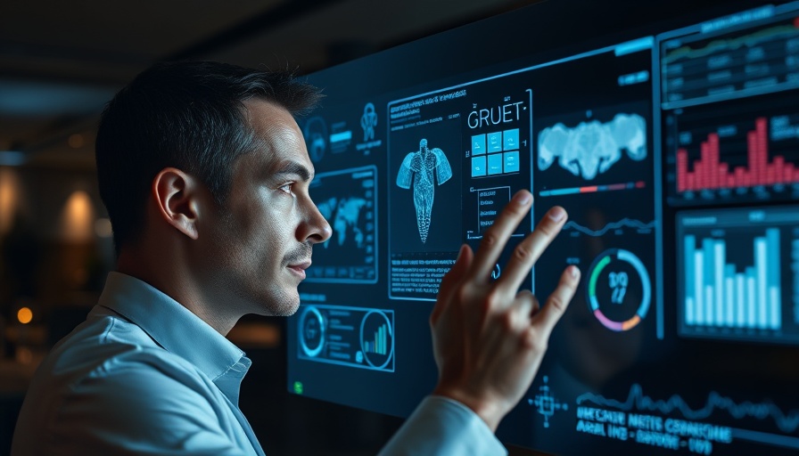 Man using digital health interface in dim office.