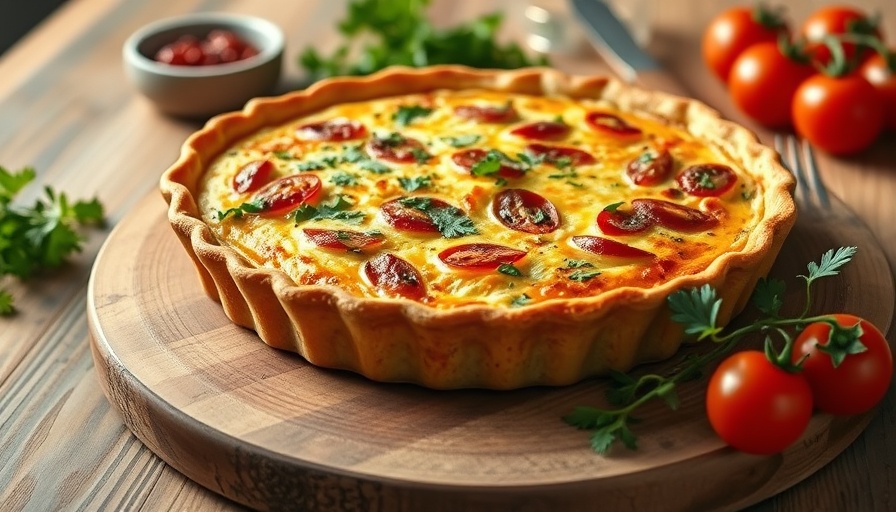 Delicious homemade quiche on rustic wooden board with garnish.