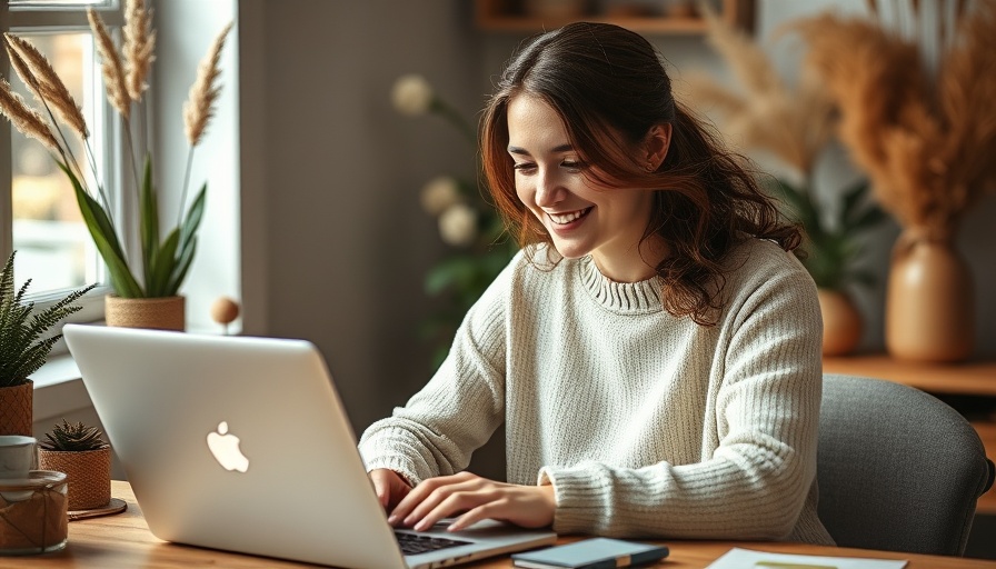 Content woman using a laptop in a cozy home office. Free Health Coach Toolkit.