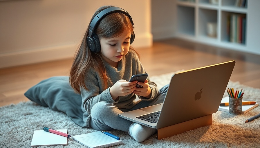 Girl using smartphone on carpet with study materials, Kids Social Media Use Impact on Reading and Memory.