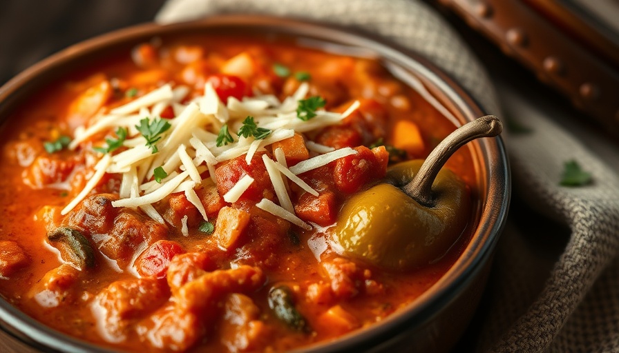 Hearty one-pot stuffed pepper soup garnished with cheese.
