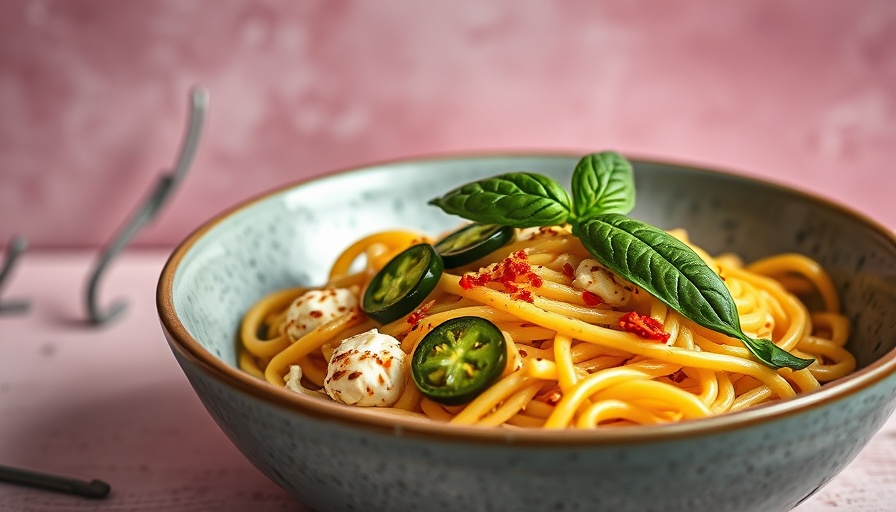 Spicy Brown Butter Goat Cheese Pasta with jalapeños in a ceramic bowl.