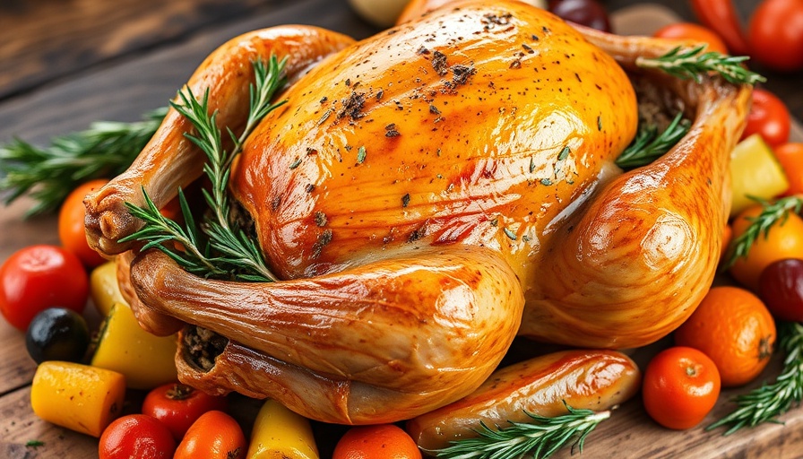 Golden Thanksgiving turkey with roasted vegetables on a wooden board.