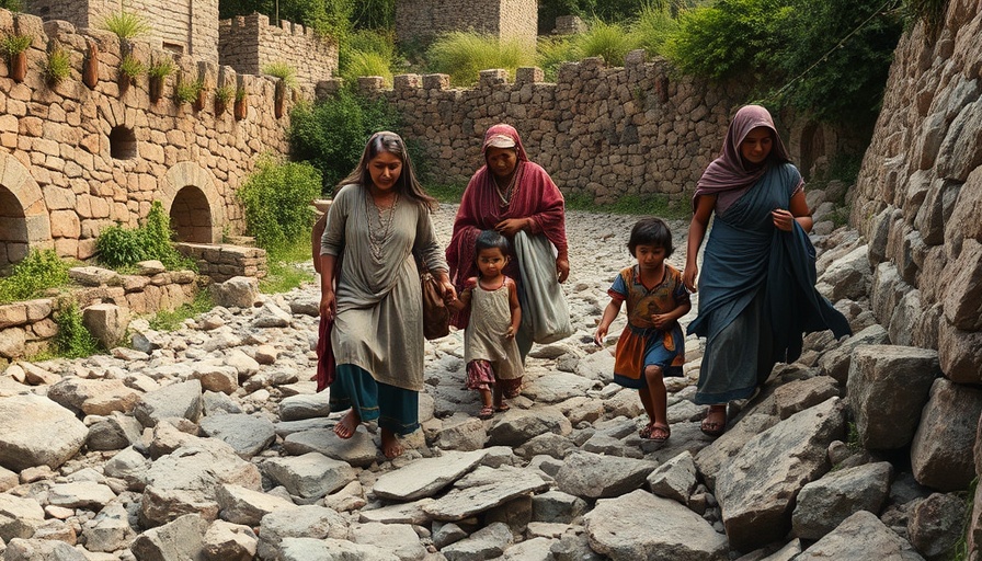 Women and children navigating rocky path in traditional clothing