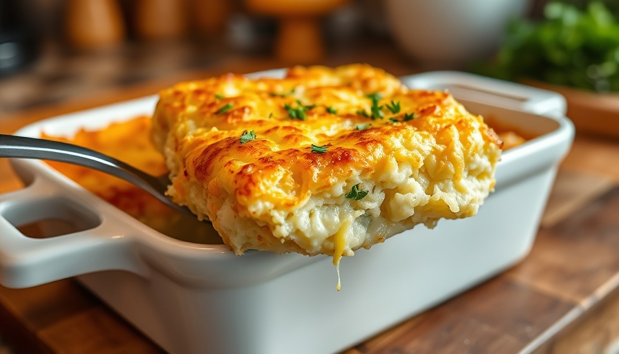 Delicious cheesy hash brown casserole with golden crust.