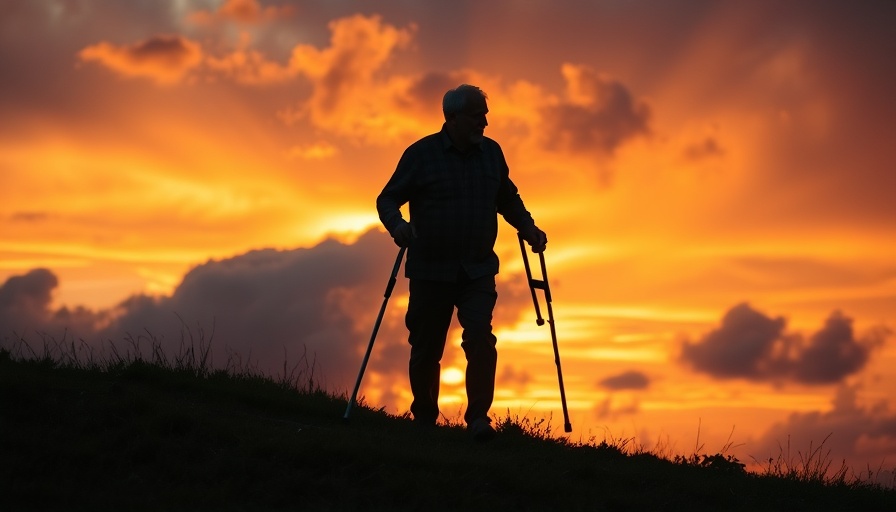 Silhouette of an older man with crutches at sunset, osteoporosis in men.