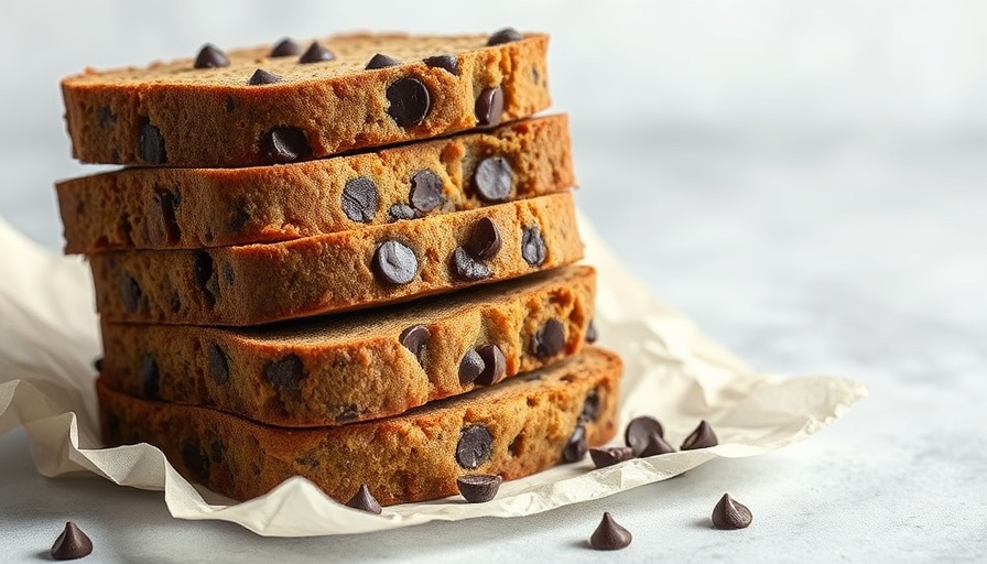 Nourishing Almond Flour Banana Bread stacked with chocolate chips on parchment.