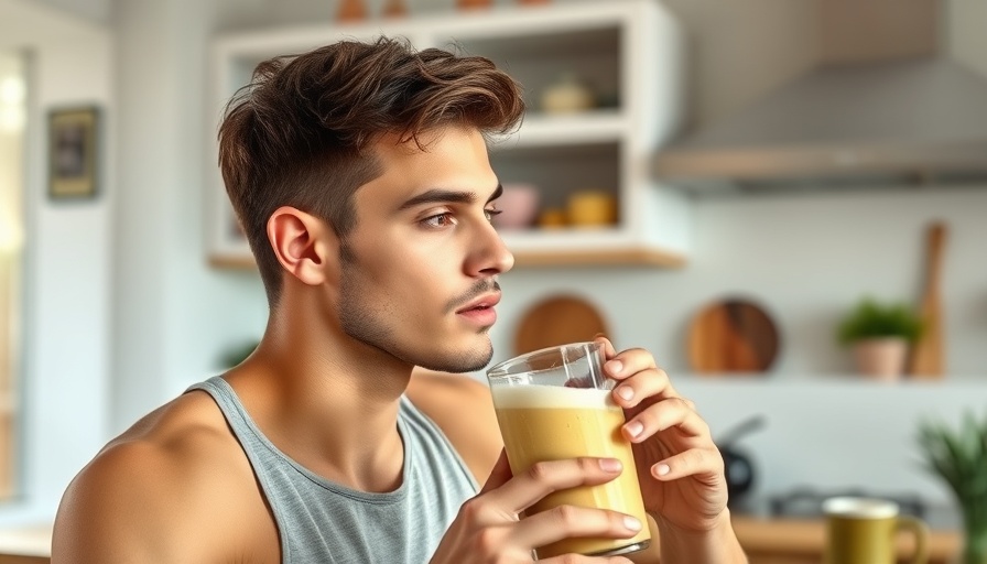 Man drinking smoothie post-workout in modern kitchen, Love Your BODi 10-Workout Challenge.