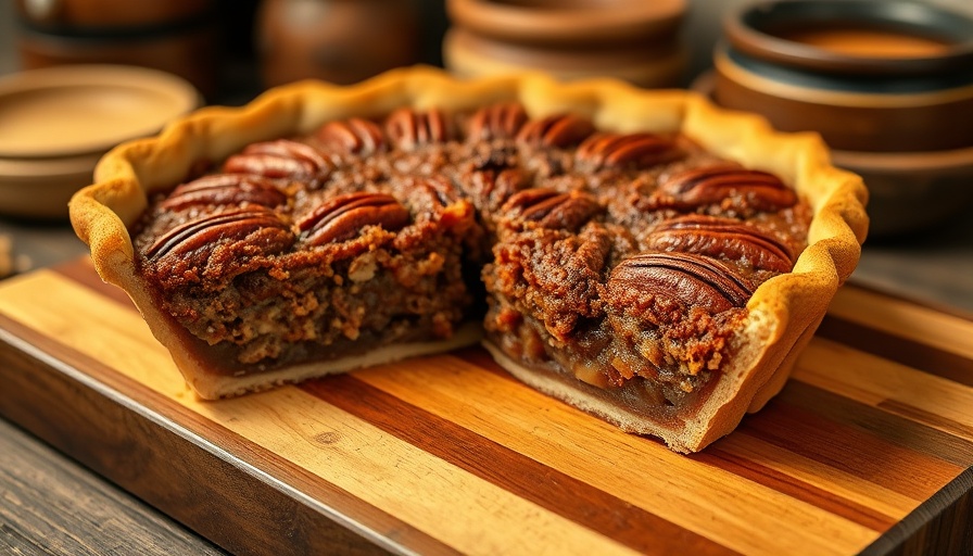 Classic pecan pie recipe with a slice on wooden board.