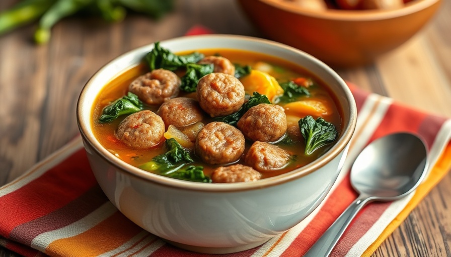 Instant Pot Sausage and Kale Soup in white bowl on colorful napkin.