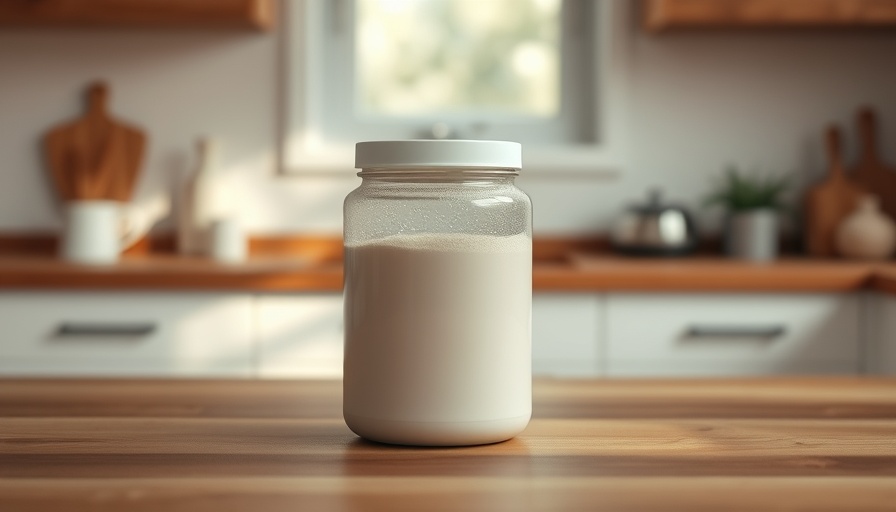 Minimalist container of protein powder on kitchen counter.
