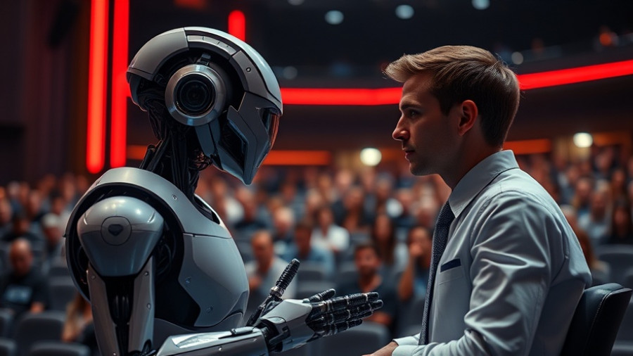 AI robots advancing rapidly in a futuristic debate setting.