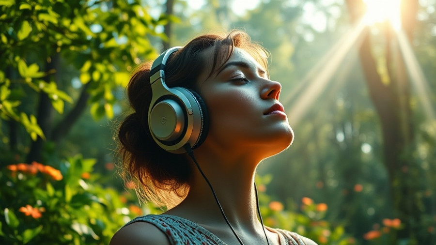 Serene woman meditating with headphones, enjoying the healing power of music.